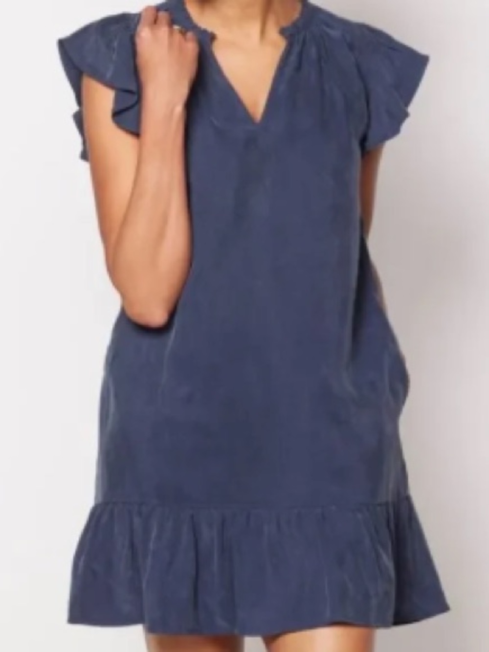 EVEREVE Cupro Navy Blue Ruffle Hem Mini Dress